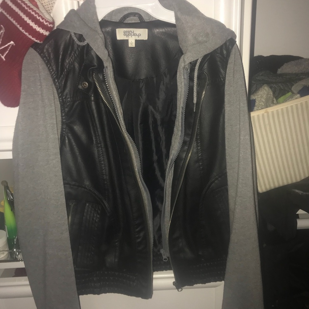 Cute leather and grey hoodie bomber jacket